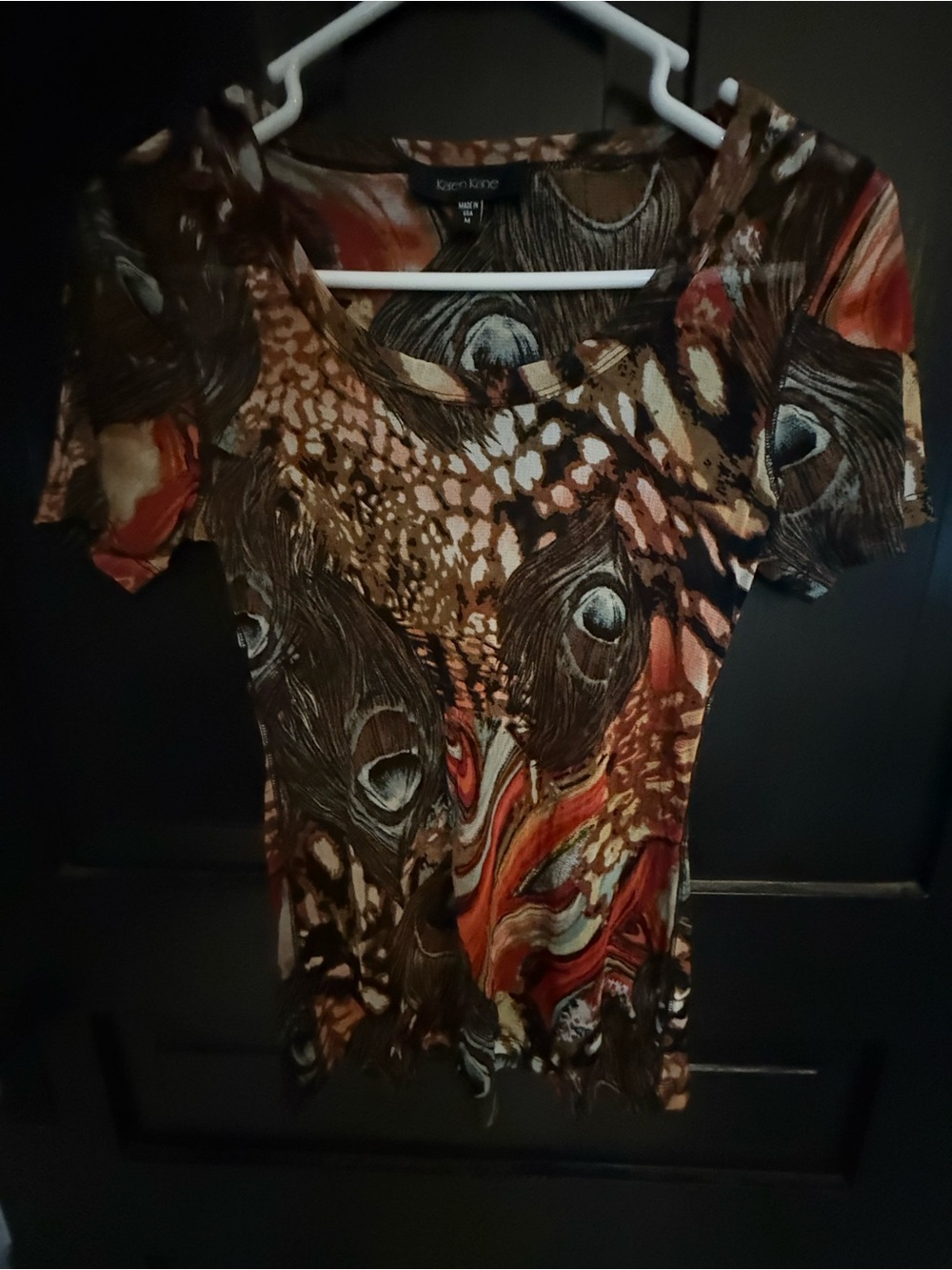 Karen Kane Brown & Orange Peacock-Print Short Sleeve Top